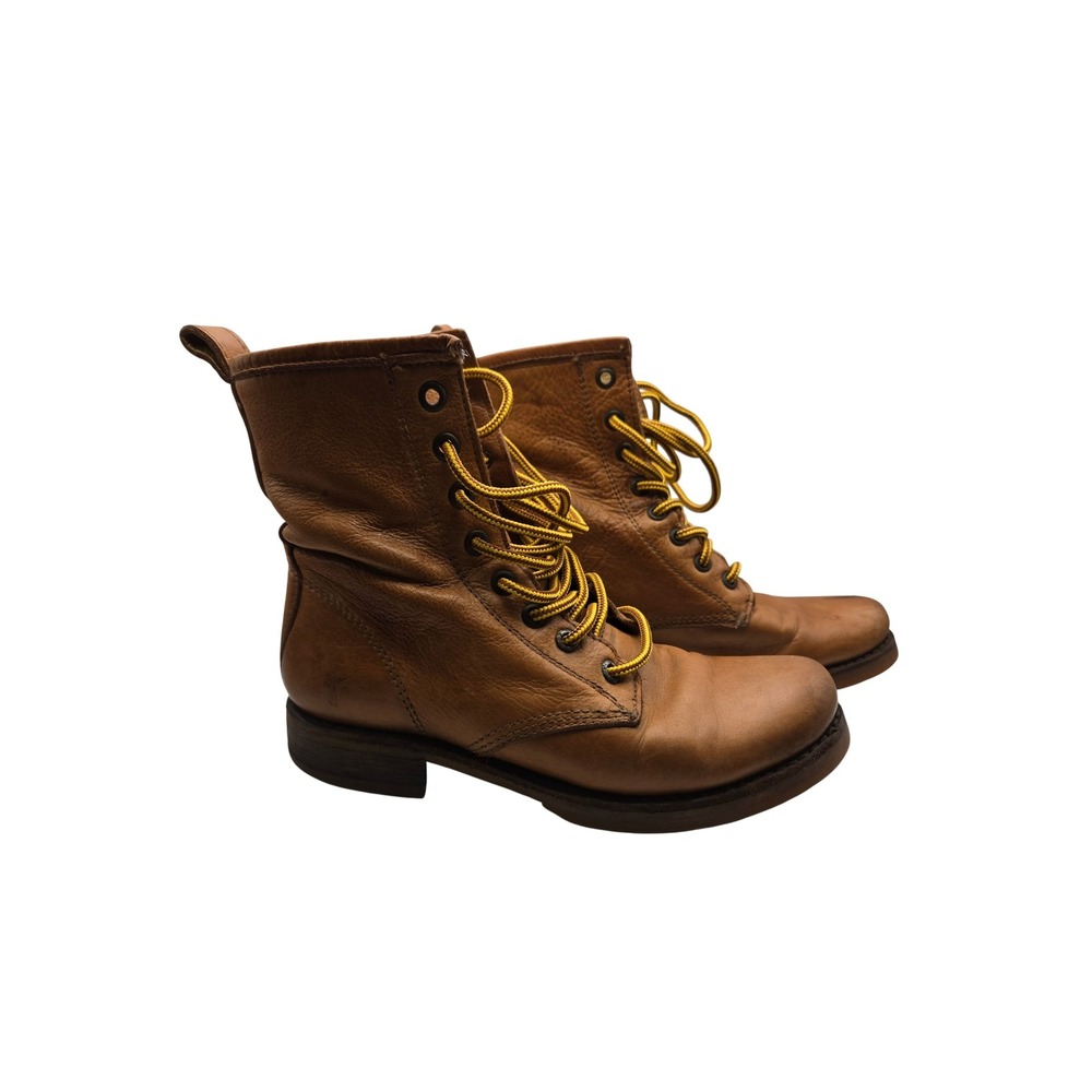 Frye Combat Boots Womens 8.5 Lace Up Cognac Brown Leather Heritage Distressed